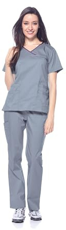 Dagacci Medical Uniform® Scrubs for Women Set – Natural Stretch Contrast Binding Top and Pants Sets for Women – 9 Pockets (Small, Pewter Grey)