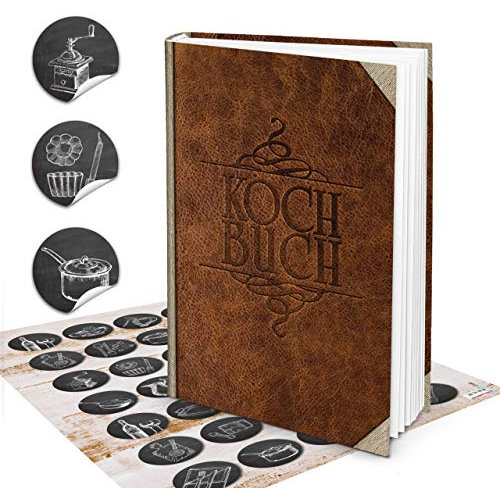 Logbuch-Verlag XXL leeres Rezeptbuch Leder-Optik A4 mit Küchen Aufkleber vintage Geschenk Weihnachten