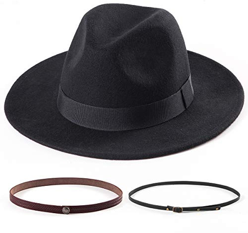 LADYBRO Fedora Hats for Women Wide Brim Hat, Incld 3 Decor Belts, Wool Felt, 58cm Adjustable Women's Fedora