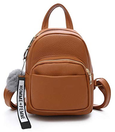Katech Petit Sac à Dos Femme, Cuir PU Mini Sac à Dos pour Femme avec Pendentif Boule de Peluche, Petit Sac À Main pour Ados Filles Dames Femmes (Marron)