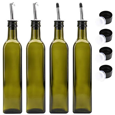 Kingrol 4 Stück Ölflasche Essigflasche mit Ausgießer & Klappe Olivenöl Spender Flasche Glasflasche für Öl Soße Essig - Dunkelgrün, 500 ml