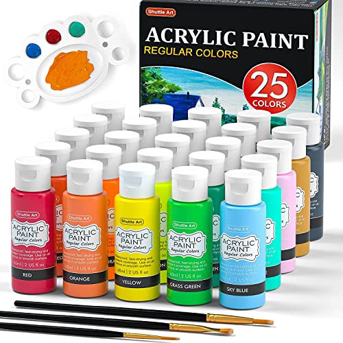 Shuttle Art Kit de peinture acrylique, 25 couleurs, flacons de 60 ml avec 3 pinceaux et 1 palette, riche pigmentée, imperméable pour artistes, débutants et enfants sur toile, roches, bois, céramique