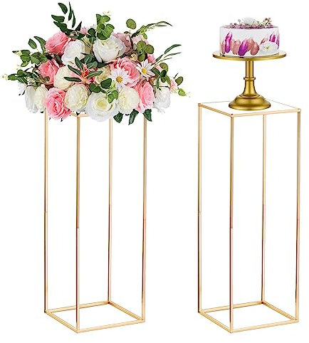 Nuptio 2 Pezzi Vasi D'oro per Centrotavola Matrimonio, Vaso in Metallo Colonna, Geometrico Alto 80cm, Espositore Rettangolare per Decorazioni Matrimoni