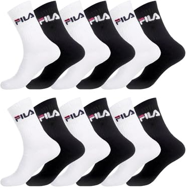 FILA Calzini Uomo Sportivo Vestibilità Perfetta Set di 12 Calze Uomo Lunghe, Tennis, Comodo, Nero, Bianchi, Taglie 35/38