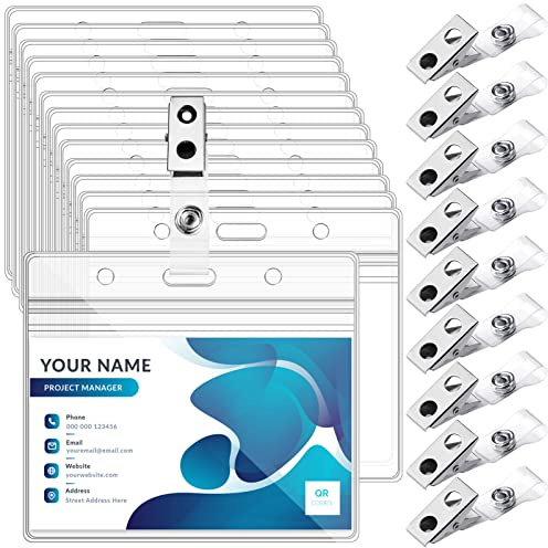 50 Sets Badge Holders and Metal Clips Clear Horizontal Name Tag ID Card Holder with Clip Waterproof ID Badge Holder with Metal Clips