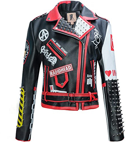 DARKSHE Women's Faux Leather PU Jacket, Graffiti Studded Rivet Punk Biker Moto Fashion Coat with Long Sleeve (DS005-XL)