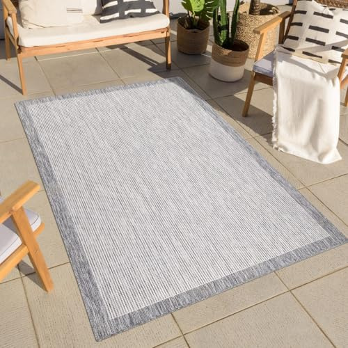 carpet city Alfombra exterior resistente a la intemperie – Gris – 160 x 230 cm – Cenefa – Balcón Alfombra impermeable – Alfombras para interior y exterior para terraza, jardín, cocina, baño o salón