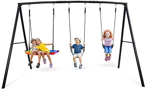 Hapfan 500lb Heavy Duty Metal Swing Sets for Backyard with Saucer Swing, Kids Triple Outdoor Swingset, Easy to Assemble (Patented)