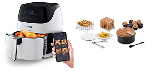 Ufesa AF5100 White Phantom Freidora de Aire sin Aceite con WIFI, 5L, Control Táctil Digital, 8 Programas, 1500W + Ufesa Pack 7 Accesorios para Freidora de Aire sin Aceite, 3.5L o más