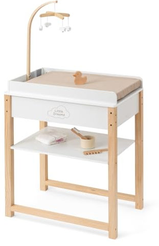 ELLA & PIET® Puppenwickeltisch Splashy mit Badewanne und Mobile aus Holz (Weiß-Schlamm) Puppenwanne Spielzeug