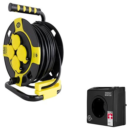REV Stromverbrauchsmesser & Kabeltrommel im SPARSET – Stromzähler für Steckdose (Stiftung Warentest Note 1,7) + Kabeltrommel 25m IP44 Outdoor, 4 Schuko-Steckdosen, gelb