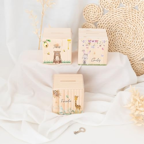 wunderwunsch® - Personalisierte Spardose Kinder aus Holz mit Metallschloss - Spardose mit Namen mit kinderfreundlichem UV-Druck zum Sparen für Kinderträume (Bär)