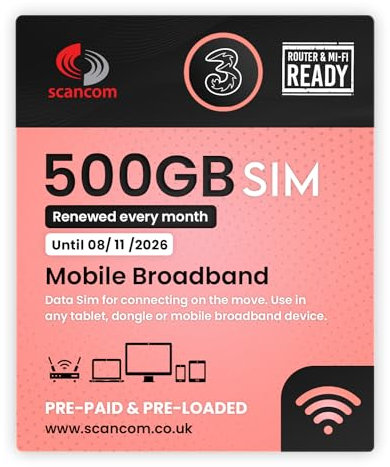 Three 500GB Data SIM – Uncapped 5G Speeds – Preloaded EVERY MONTH Until 8th NOVEMBER 2026 – No Contract – Plug & Play for Business Broadband, Routers & Phones