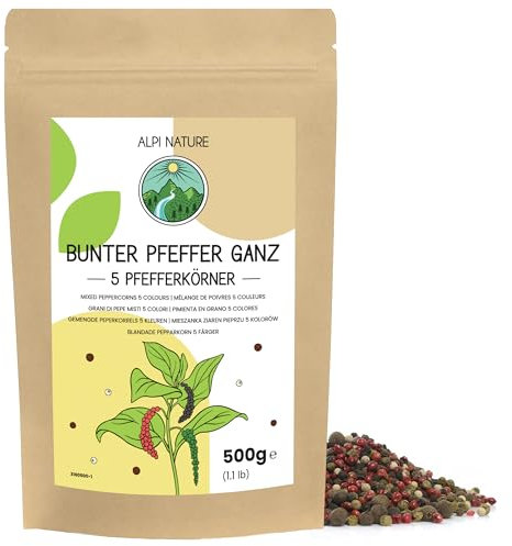 Alpi Nature Poivre 5 baies en grain 500g, Mélange d'Épices de 5 Couleurs, Poivre Noir, Blanc, Vert, Rose et Piment de la Jamaïque
