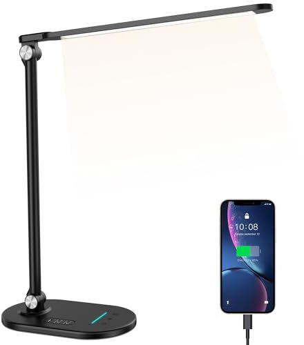 Boronasd Desk Lampe de Bureau LED-Pliable Lampe de Chevet Dimmable Puissante Avec Port USB&Fonction Minuterie Réglable Fonction Mémoire Lumiere 4 Modes de Couleur luminosité réglable en continu