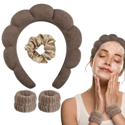 WD&CD Bandeau spa pour femme, 1 bandeau de maquillage, 2 bandeaux de poignet et 1 chouchou pour le lavage du visage, les soins de la peau, la douche, le démaquillage – Marron Foncé