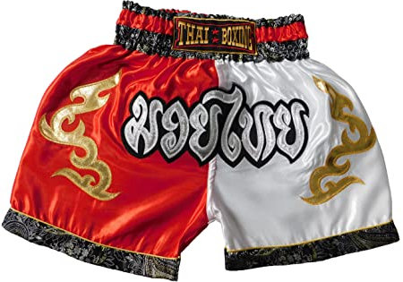 Generisch rot Weiss Größe M Sportliche Junior Short für Muay Thai Boxen - Ideale Kickboxen Hose für Jungen und Mädchen (Kinder)- Perfekt für Gym, Sport und Fitness