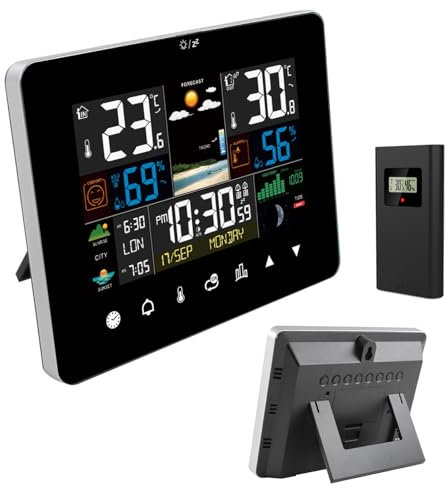 JSUDQR Stazioni Meteo Tasto Tattile con Sensore Esterno Monitor del Temperatura/Umidità/Barometro/Sfondo del cielo/Fase lunare/Orologio/Calendario per Casa Giardino Ufficio