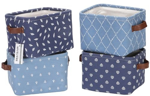 Sea Team 4er-Set faltbare Denim-Aufbewahrungskörbe mit PU-Ledergriffen - 7.9x6.3x5.5 Zoll, marineblau - Quadratische Mini-Boxen für Regal, Schreibtisch & Organisation