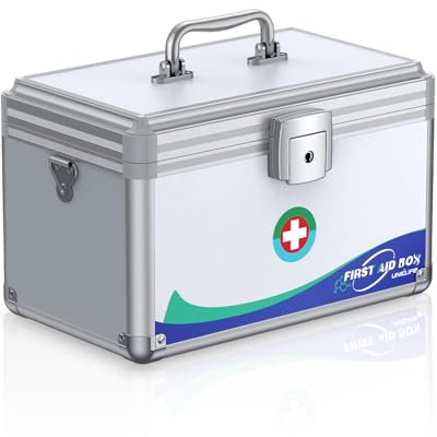 Uniclife Cassetta di Sicurezza per Medicinali con Serratura a Chiave, Portapillole Metallico per Pronto Soccorso con Maniglia e Tracolla, Scatola Bloccabile per Farmaci 30x17,8x19 cm