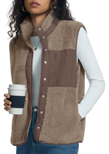 Kistore Ladies Fleece Jackets Lightweight Cozy Gilets Button Down Bodywarmer Vest Soft Fluffy Sleeveless Jacket Khaki L