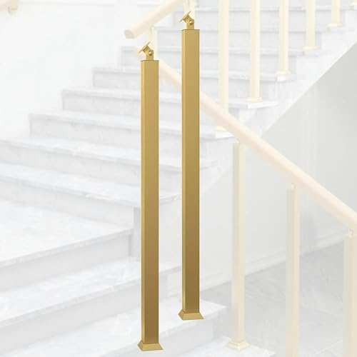 GOUZIBHD 2 Pack Stair Baluster Posts,Indoor Square Railing Spindles,Banister Column,Staircase Handrail with Flat & Adjustable 270° Angle Bracket,for Deck Balcony(Size:90cm/35.4in,Color:Glod)