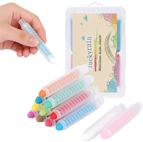 HATFRYF Dustless Chalk for Kids, 12PCS Colorful Anti-Dust Washable Chalk Set, Drawing Chalks for Toddlers, Colored Chalks with Holder for School, Smooth Writing on Blackboard & Sidewalks