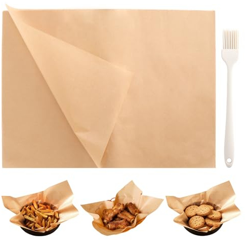 100 pcs Papel de Horno Precortado 25×35 cm, Hojas de Papel Pergamino No Blanqueado para Hornear, Papel de Horno Resistente al Calor Papel Deli Wrap Alimentario con Pincel de Aceite para Horno Parrilla