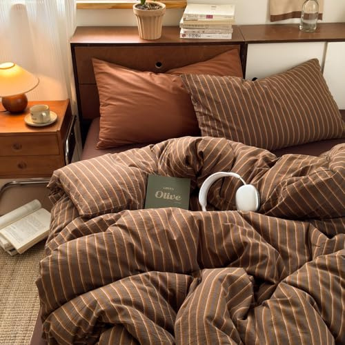 Tospass Ropa de cama de 135 x 200 cm, diseño de rayas, color marrón, diseño vintage geométrico con certificado Öko-Tex, juego de ropa de cama reversible de microfibra suave con cremallera y 1 funda de