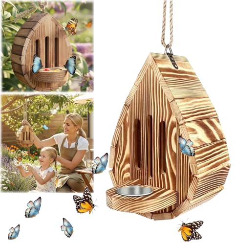 Butterfly House for Garden, Teardrop-Shaped Wooden Butterfly Feeding Station, Outdoor Butterfly House and Feeder for Outside Butterflies, Moths - Backdoor, Easy to Clean (1PC)