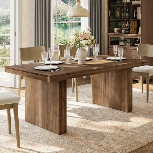 TRIBEWOOD 63 Rectangle Solid Wood Table, 4-6 Person Farmhouse Kitchen Dining Table, Modern Rustic Dinner Table for Kitchen & Living Room, Dark Brown, Simple Style & Fast Assembly