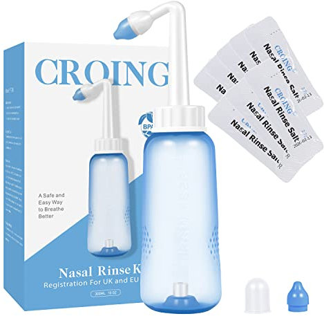CROING -300ml Bouteille + 80 Sachets Sel Nasal - Kit Lavage de Nez/Sinus Rinse Kit/Kit de Rinçage des Sinus/Lavage Nez/Irrigation Nasale/Neti Pot - Douche Nasale