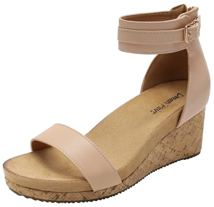 DREAM PAIRS Women's Open Toe Buckle Ankle Strap Platform Wedge Sandals Summer Shoes,Size 7.5,Nude/Pu,NINI-6