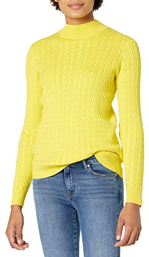 Amazon Essentials Jersey Trenzado Ligero de Manga Larga con Cuello Perkins y Corte Clásico Mujer, Amarillo Brillante, XS