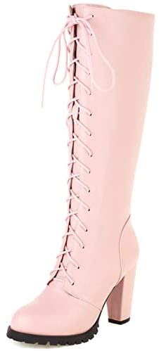 CUTEHEELS Botas altas con cordones para mujer con cremallera lateral y tacón de bloque para citas/utilidad, Rosa., 39 EU