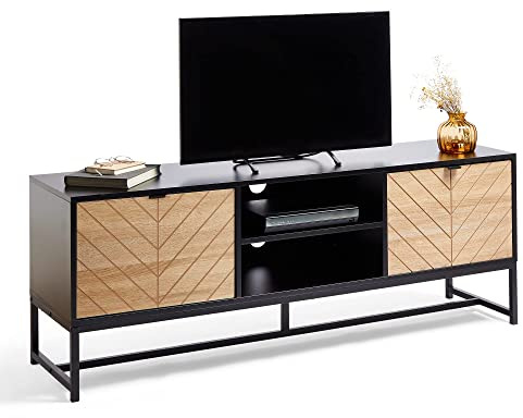VonHaus Black TV Unit - Chevron TV Stand Cabinet with Light Wood Effect - For TV's up to 65 - Industrial Entertainment Unit w/Storage Cupboards & Shelving - 50kg Capacity - For Living Room - Dalton