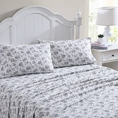 Laura Ashley Home - Sábanas King, Juego de Ropa de Cama de Franela de algodón, Cepillado para Mayor suavidad y Comodidad (Black Faye Toile, 4 Piezas, King)
