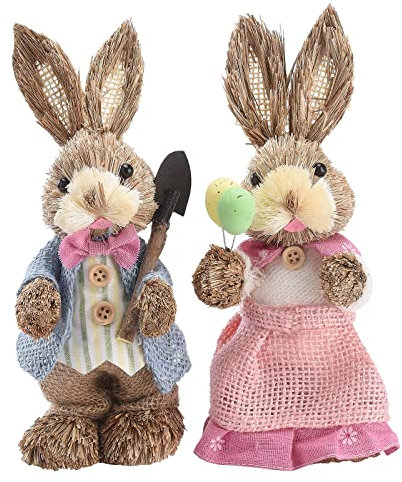 Blanketswarm 2Pcs Easter Bunny Figurine, Standing Bunny Statues Figurine Straw Woven Easter Bunny Decorations for Table Home Decor, 23cm/9.3 inch