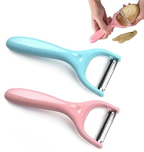 Pelapatate 2 Pezzi, Pela Patate e Verdure e Frutta, Pela Carote con Lama Affilata in Acciaio Inossidabile e Manico in PP, Sbucciatore Universale, Pela Patate Blu e Rosa