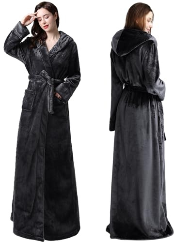 Oksun Peignoir long en polaire pour femme : Peignoir à capuche en flanelle longueur sol, manteau d'hiver chaud, chemise de nuit moelleuse, douce et confortable, gris, X-Large