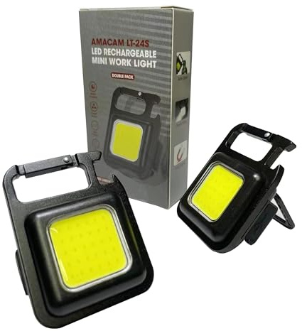 Amacam Mini Keyring LED Torch 2 Pack - Rechargeable COB Work Light with Magnetic Base & Bottle Opener Brightness Modes Strobe Effect Keychain Light