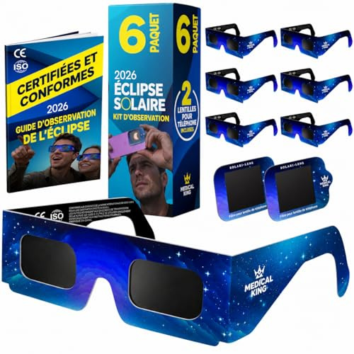 Lunettes Eclipse Solaire 2026 – Lot de 6 Paires Premium avec 2 Filtres Solaires pour Smartphone, Lunettes Eclipse Solaire ISO 12312-2, Certifiées CE, Protection des Yeux pour l'Observation du Soleil