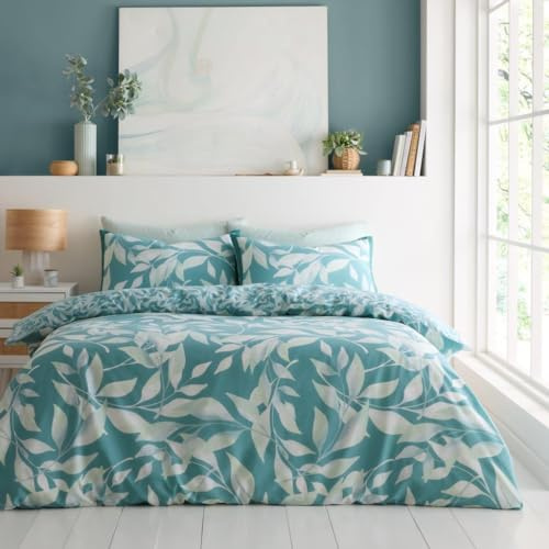 GC GAVENO CAVAILIA Leaf Pattern Duvet Cover King Size (230x220cm) - Polycotton Duvet Set 3 Piece Bedding Bed Cover with Pillowcase - Washable Linen - Teal/Green