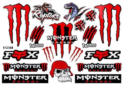 Cretassion Monster Energy Aufkleber Reflektierend, Wasserdicht Monster Aufkleber Motorrad Auto Coole, Hochwertige Sticker für MotorräDer, Motorradhelm, Skateboard, Auto Und GeläNdemotorräDer Rot