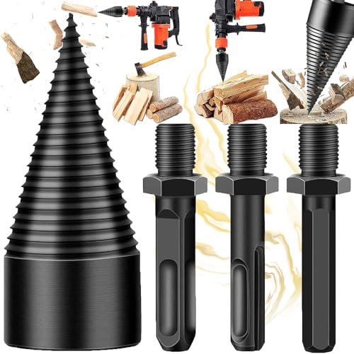 Begpoee Divisor para Leña, Cortador de Madera para Leña, Brocas para Leña, Divisor para Leña de 42 mm, Brocas Divisoras de Troncos de Leña, Con 3 Asas de Taladro, Para Taladrar Madera(Negro)