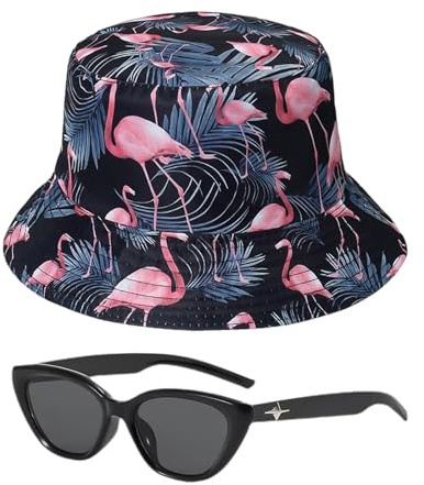 ZBHDEYG 1 x flamingo fiskehatt, 1 par solglasögon, solhatt för kvinnor, sommarhatt för flickor, solhatt för kvinnor