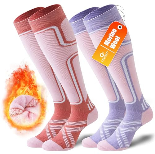 Cirorld 2 Paar Skisocken aus Merinowolle für Damen Herren, Wärmende Wolle Thermosocken Dicke Wintersocken für Kaltes Wetter, Schnee, Skifahren, Snowboarden, Rosa&Violett 39-42