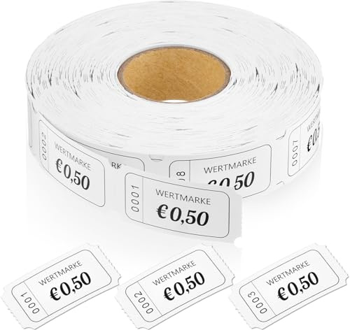 Nezyo Rouleau de jetons perforés pour 1-1000 Feuilles, Blanc, 50 Cent | Rouleau de Tokens, de Consommation Perforés, Pour Noël, Aliments, Boissons, Tentes, Bar, Mariage, Anniversaire