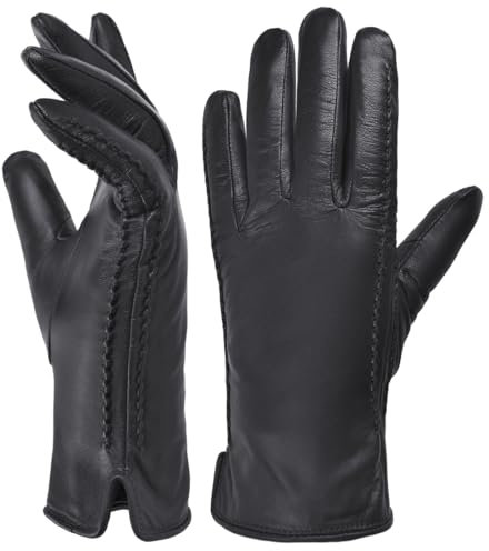 Harssidanzar Damen Winter Warmes Futter Lammfell Leder Handschuhe Touchscreen Texting Warme Fahrhandschuhe HL001EU,Schwarz,Größe L