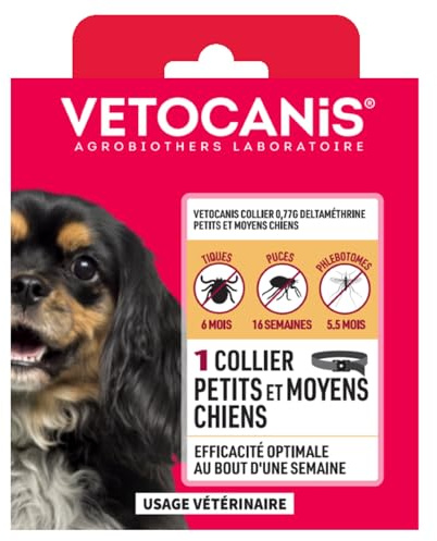 Vetocanis - Collier Anti Puces pour Chien - Traitement Antiparasitaire Chien Petits et Moyens - Collier à la Deltamethrine - Prévention Infestation et Piqûres de Parasites - 0,77 G